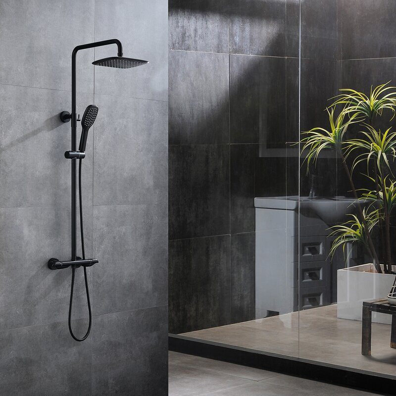 Modland Rainfall Wall Mounted Contemporary Thermostatic Exposed Pipe Shower System In Matte 